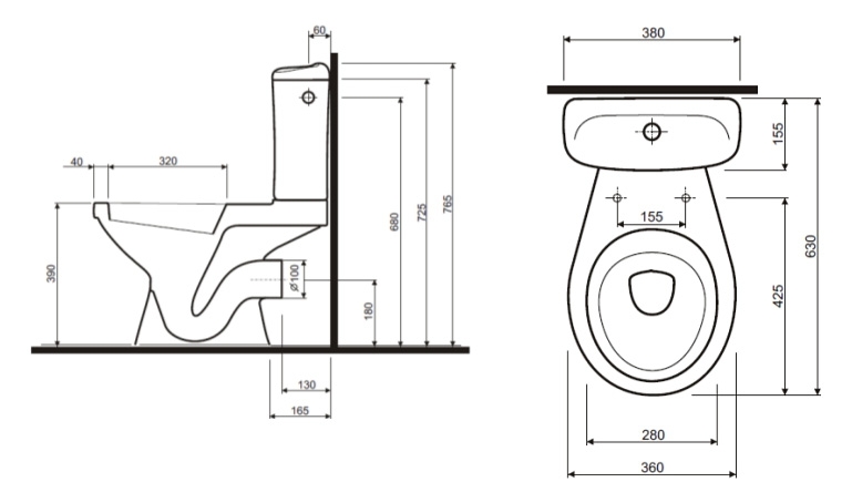 Габариты унитаза с бачком в плане